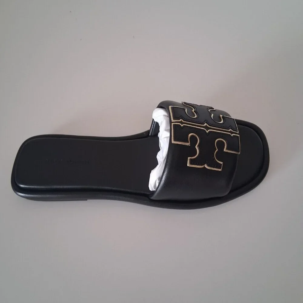 Tory Burch Double T Sport Slide Sandals Perfect Black/Gold Size 5.5